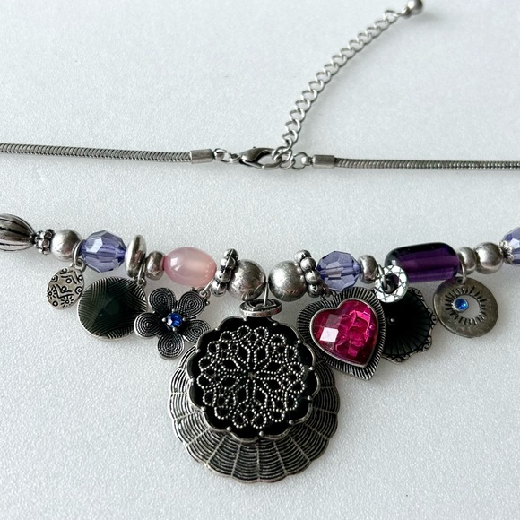 Tribal Sterling Silver Bib Necklace Purple Blue Pink Red Charms Snake Link 12” - Picture 10 of 11